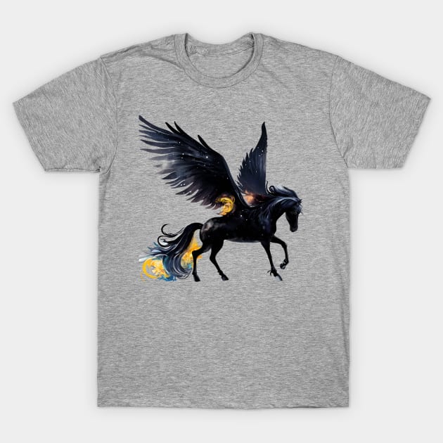 Mythical Fire Pegasus black horse winged flying night watercolor fantasy magical fairy tale illustration T-Shirt by sofiartmedia